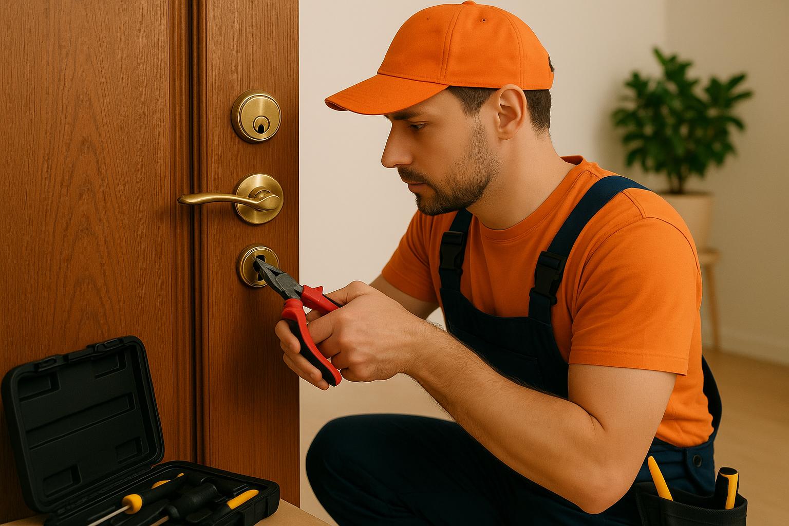Cerrajero trabajando en apertura de puerta en apartamento vacacional Barcelona