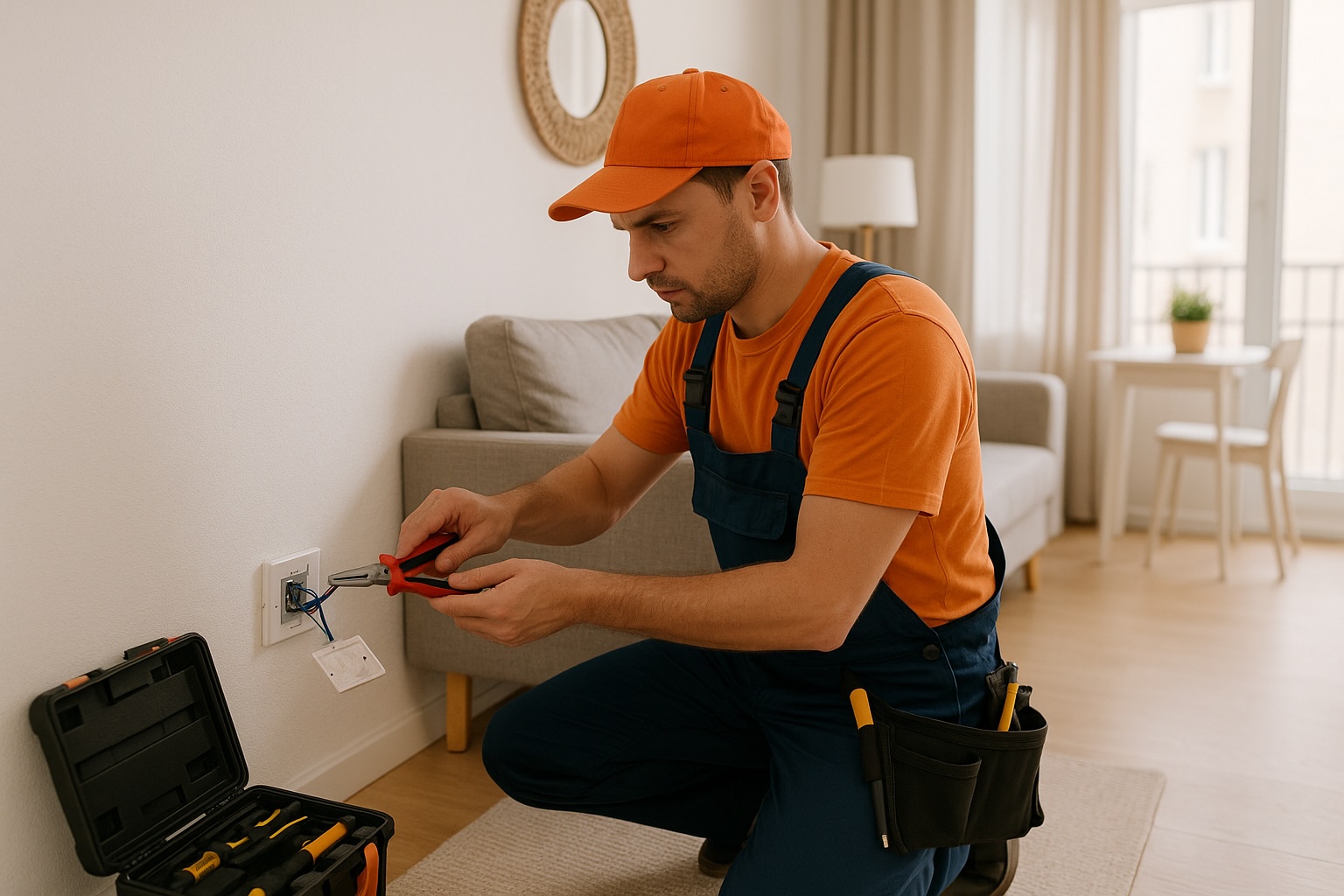 Electricista trabajando en reparación de enchufe en apartamento vacacional Barcelona