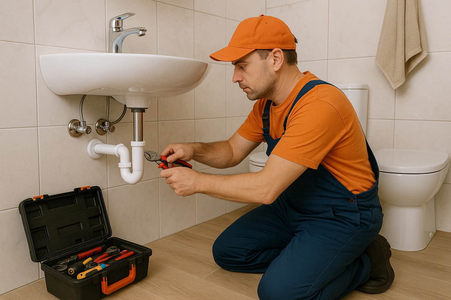 Fontanero trabajando en reparación de tubería en baño de apartamento vacacional Barcelona