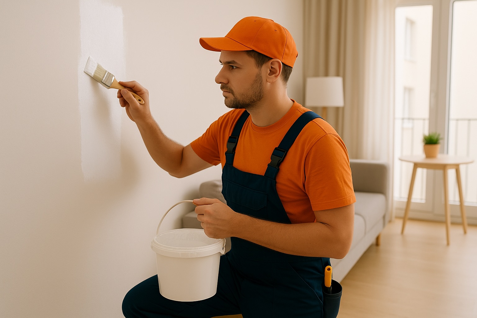Pintor trabajando en retoque de paredes en apartamento turístico Barcelona